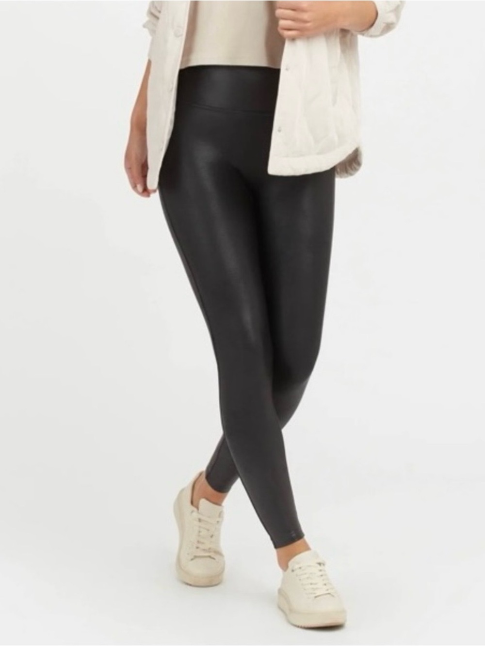 Spanx black faux leather high waisted leggings size large petite